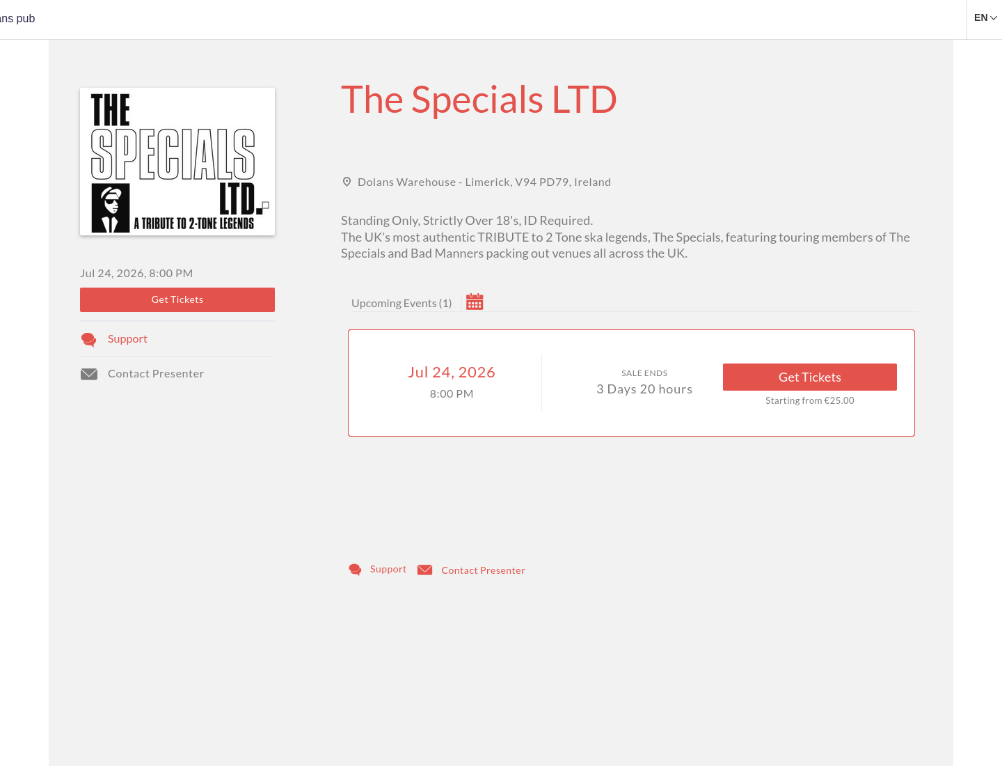 利默里克 The Specials 致敬演出：2 Tone Ska 现场之夜第2步报名页面截图