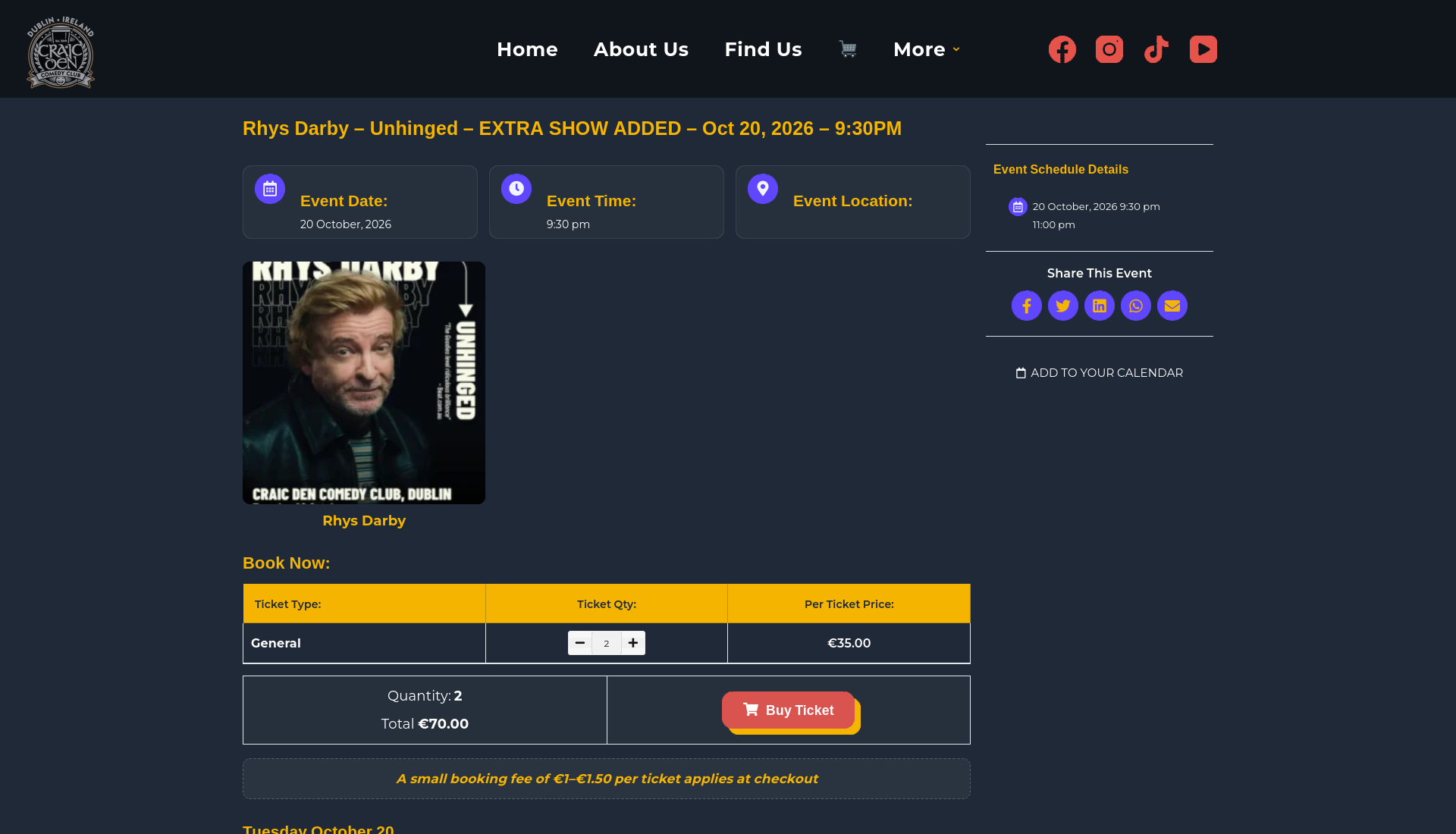 都柏林 Rhys Darby 现场喜剧演出：Unhinged第2步报名页面截图