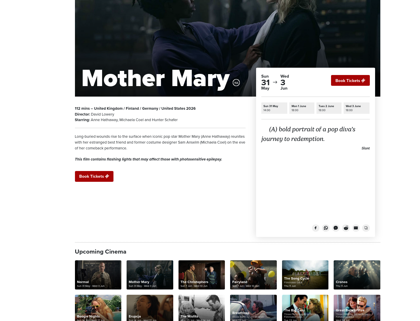 Triskel Arts Centre 放映 Mother Mary：Anne Hathaway 的流行歌星故事第1步报名页面截图