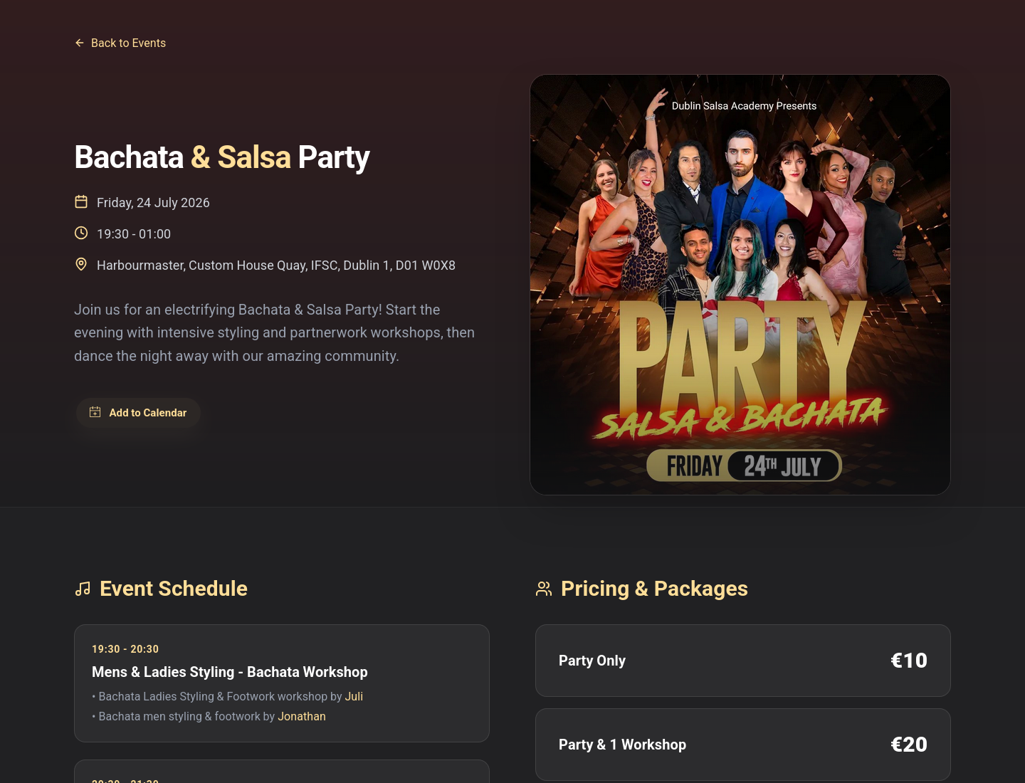都柏林 Bachata 与 Salsa 舞会：舞蹈工作坊及社交派对第1步报名页面截图