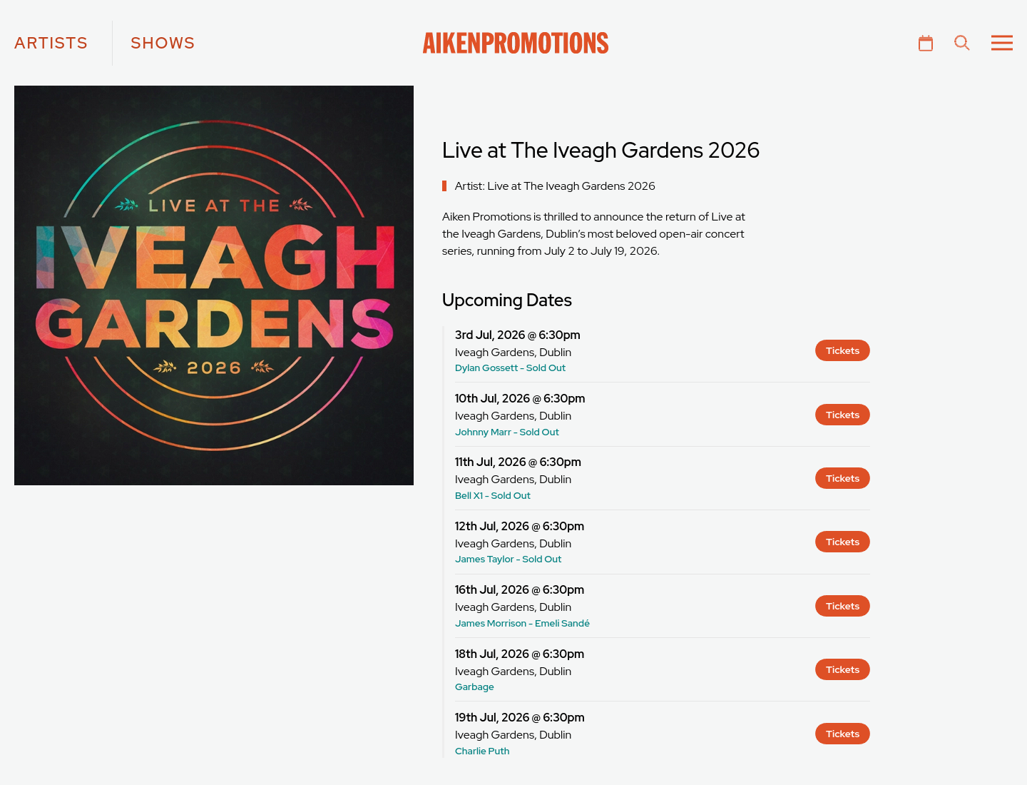 都柏林 Iveagh Gardens 2026 夏季现场音乐会第1步报名页面截图