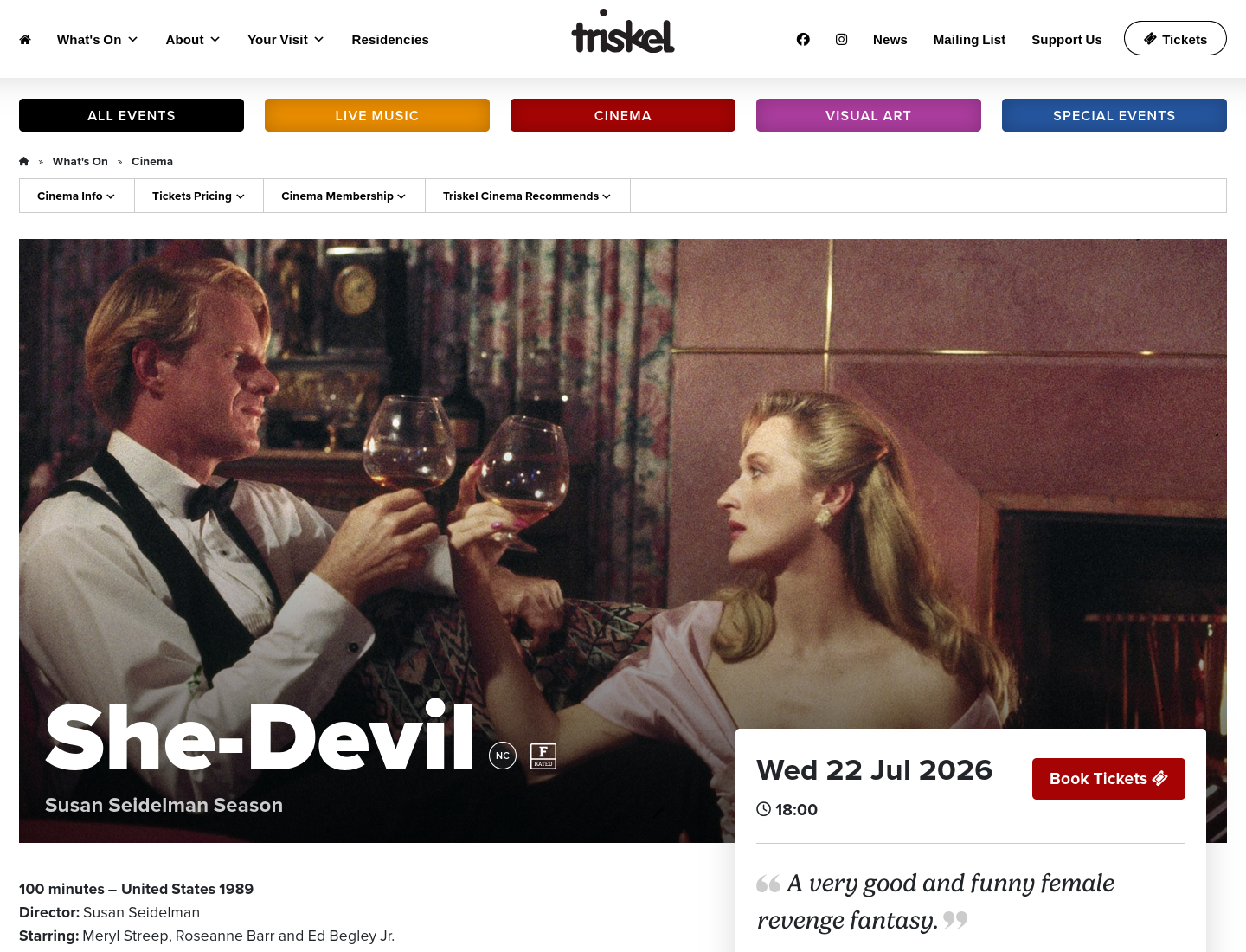 科克 Triskel Arts Centre 电影放映：《She-Devil》黑色喜剧第1步报名页面截图