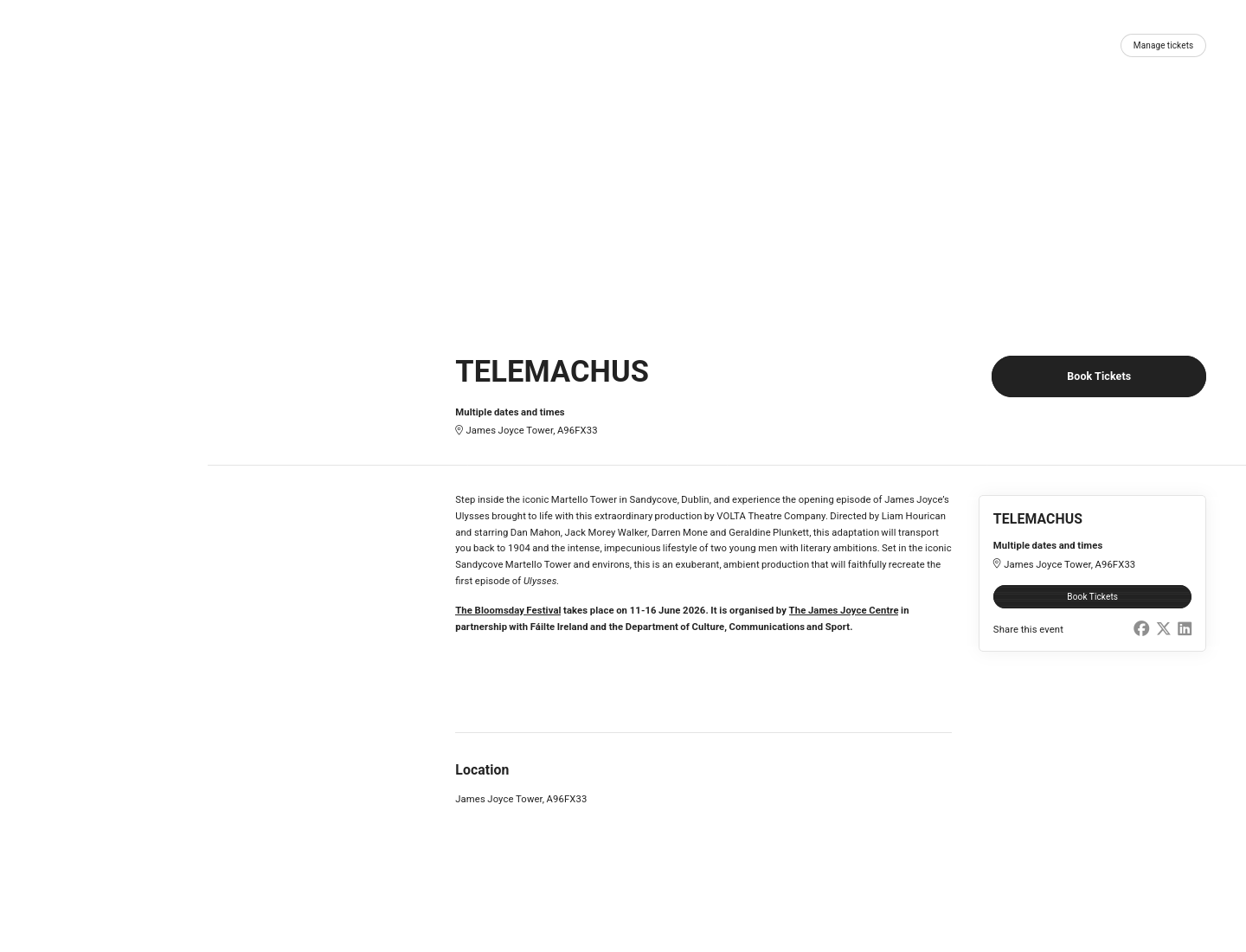 在都柏林Sandycove Martello Tower观看《Telemachus》戏剧：沉浸式体验《尤利西斯》开篇第2步报名页面截图