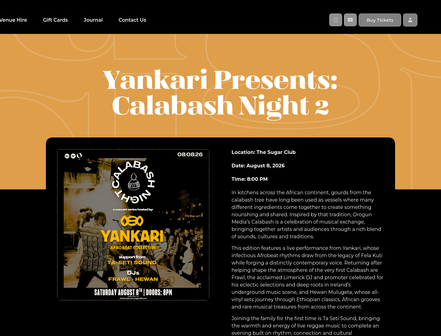 都柏林 Calabash 音乐之夜：Yankari 现场演出、DJ 与雷鬼音乐第1步报名页面截图