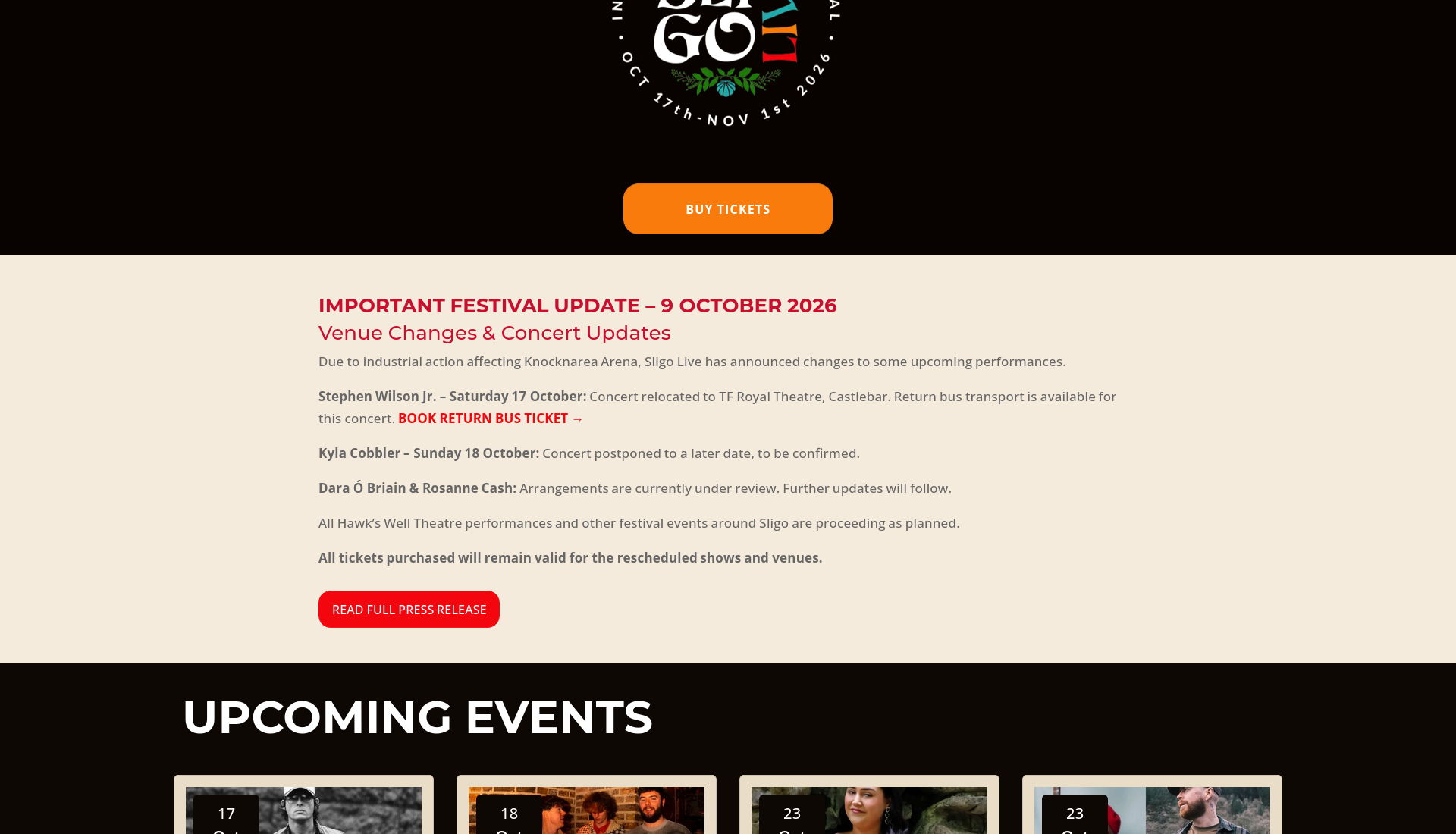 Sligo Live 2026 音乐与喜剧节第2步报名页面截图
