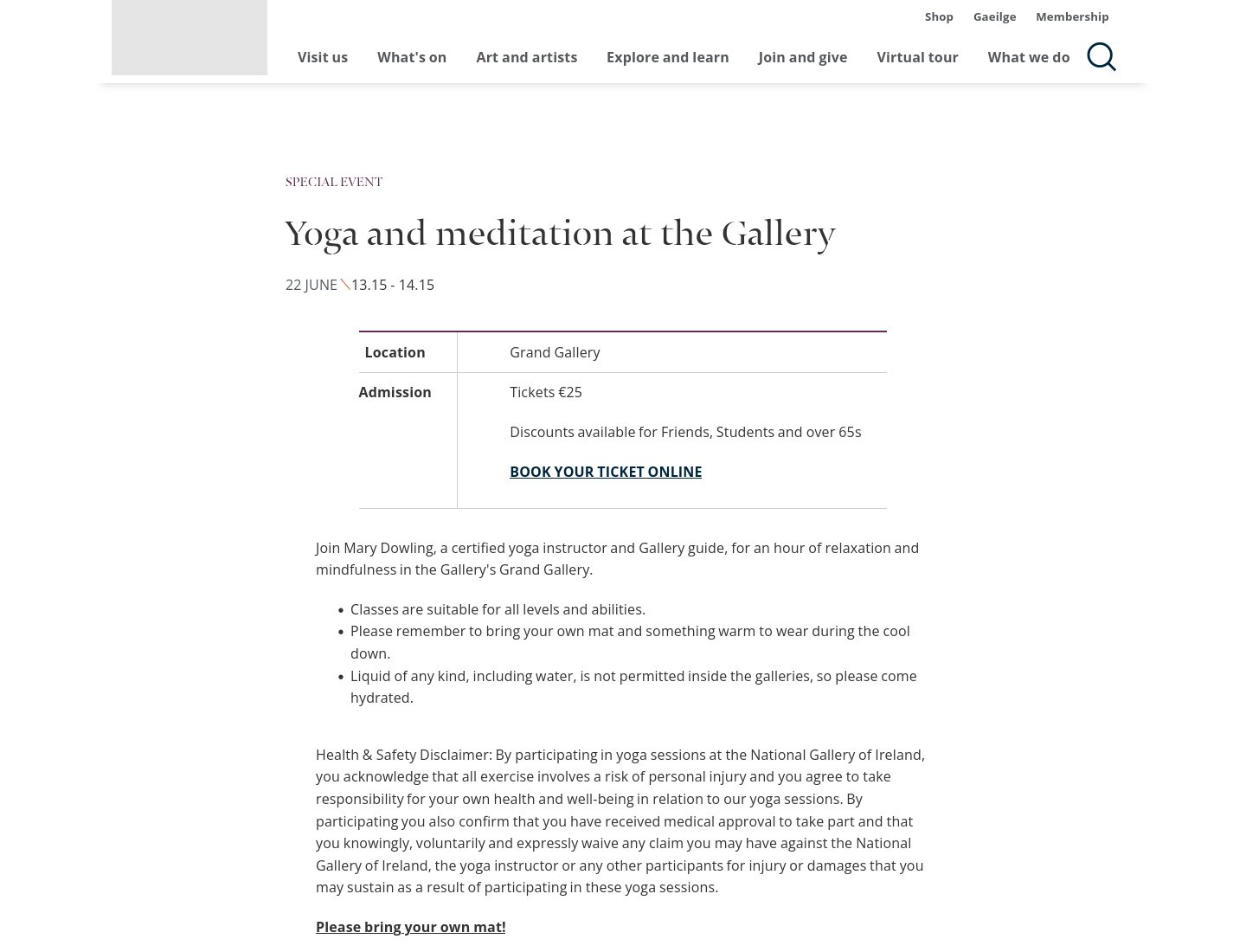 在 National Gallery 上瑜伽和冥想课第1步报名页面截图