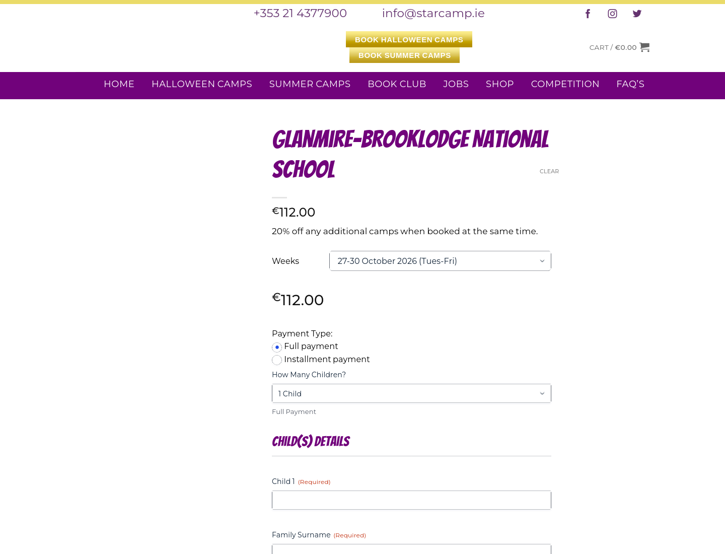 STARCAMP Glanmire 万圣节营第1步报名页面截图