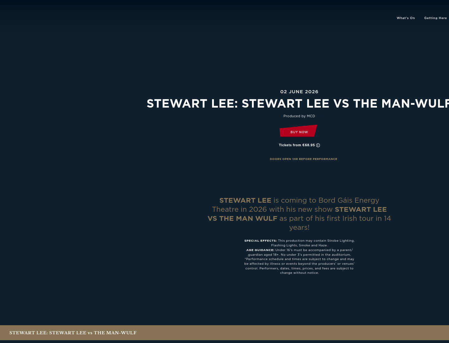 在都柏林看 Stewart Lee 的单人喜剧秀《Vs The Man-Wulf》第1步报名页面截图