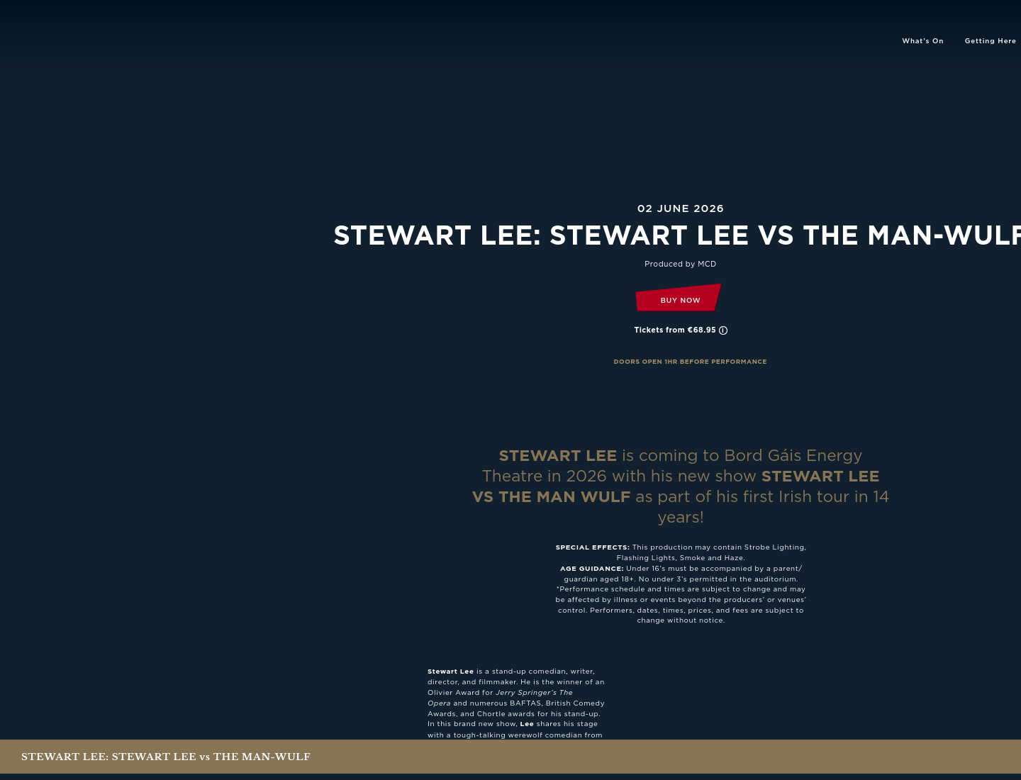 在都柏林看 Stewart Lee 的单人喜剧秀《Vs The Man-Wulf》第2步报名页面截图