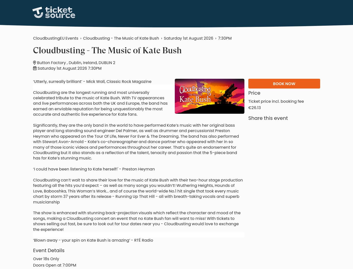 都柏林 Kate Bush 音乐致敬现场：Cloudbusting 两小时舞台演出第2步报名页面截图