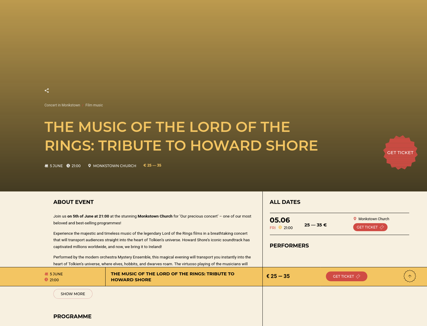 都柏林 Monkstown 教堂：《指环王》音乐致敬 Howard Shore 音乐会第1步报名页面截图