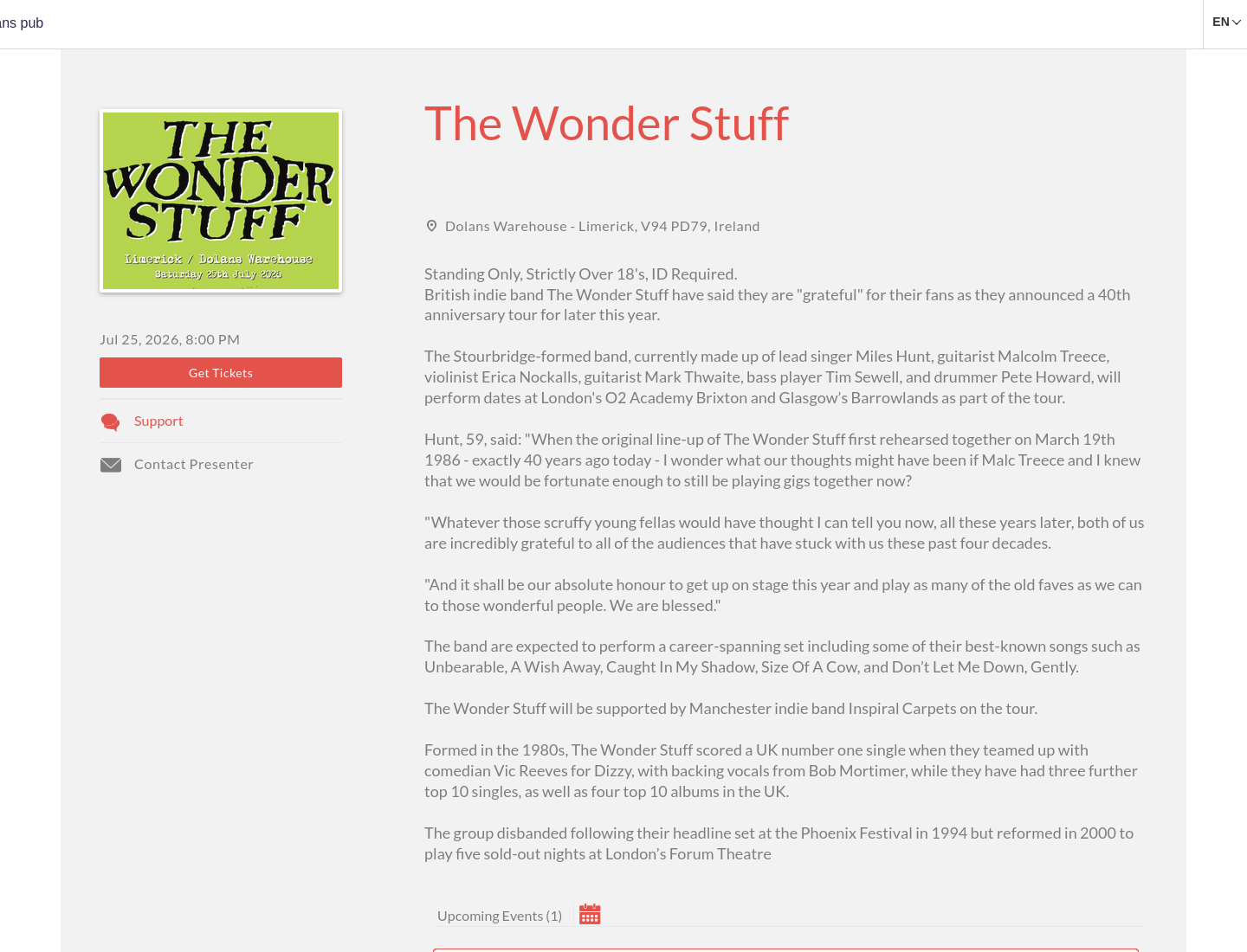 利默里克现场演出：The Wonder Stuff 与 Inspiral Carpets第2步报名页面截图