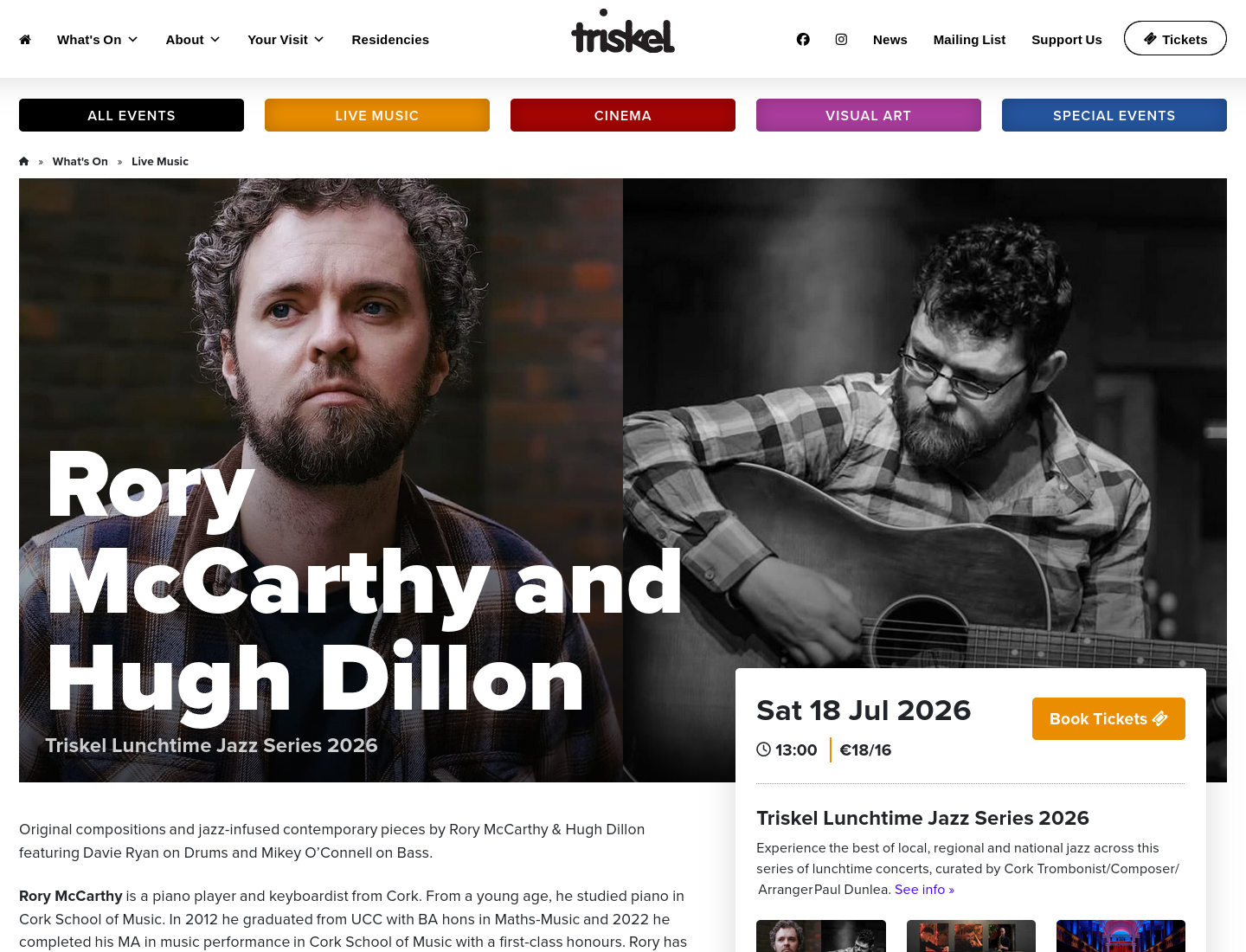 科克 Triskel 午间爵士音乐会：Rory McCarthy 与 Hugh Dillon 现场演出第2步报名页面截图