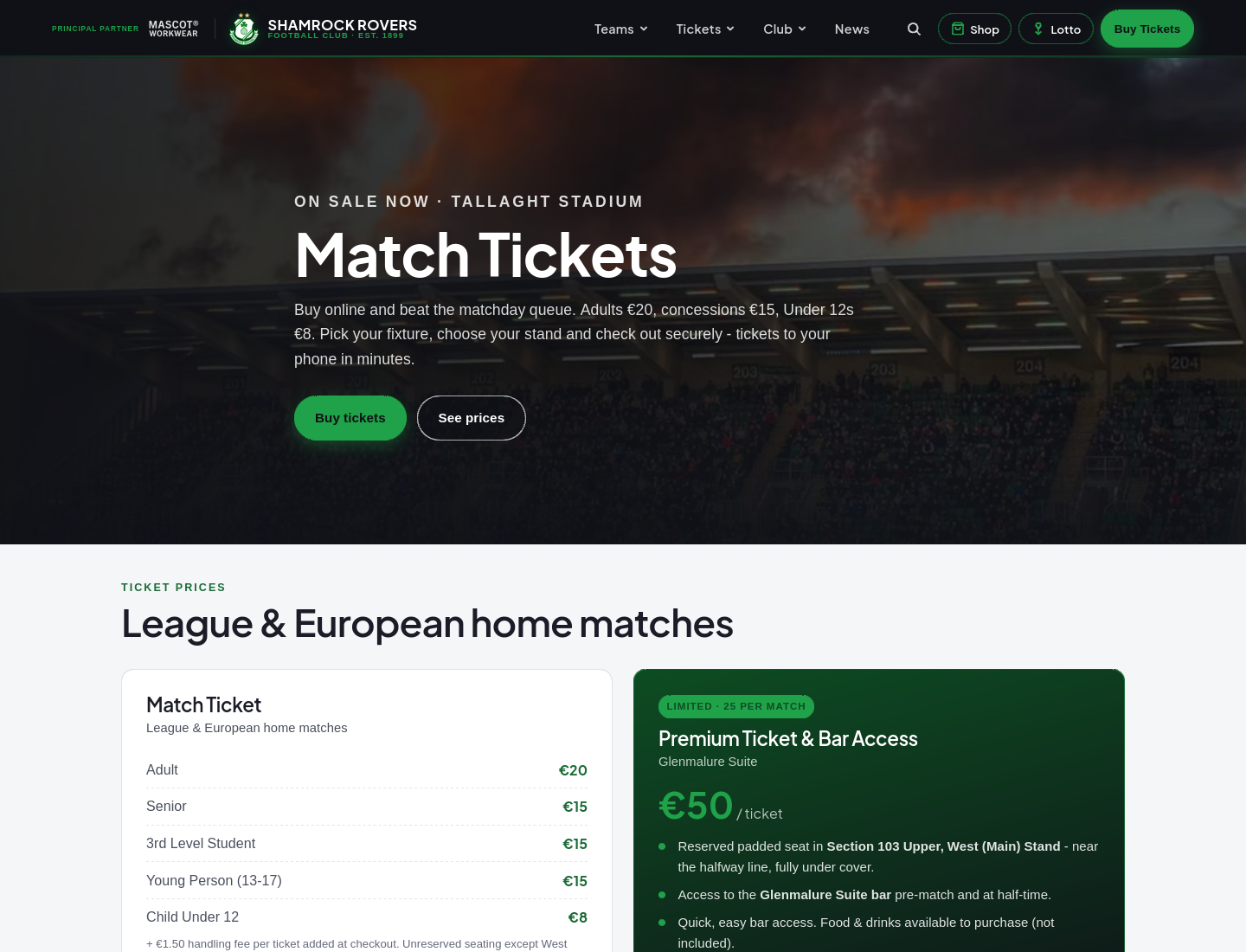 在 Tallaght 体育场看 Shamrock Rovers 对阵 Shelbourne 足球赛第1步报名页面截图