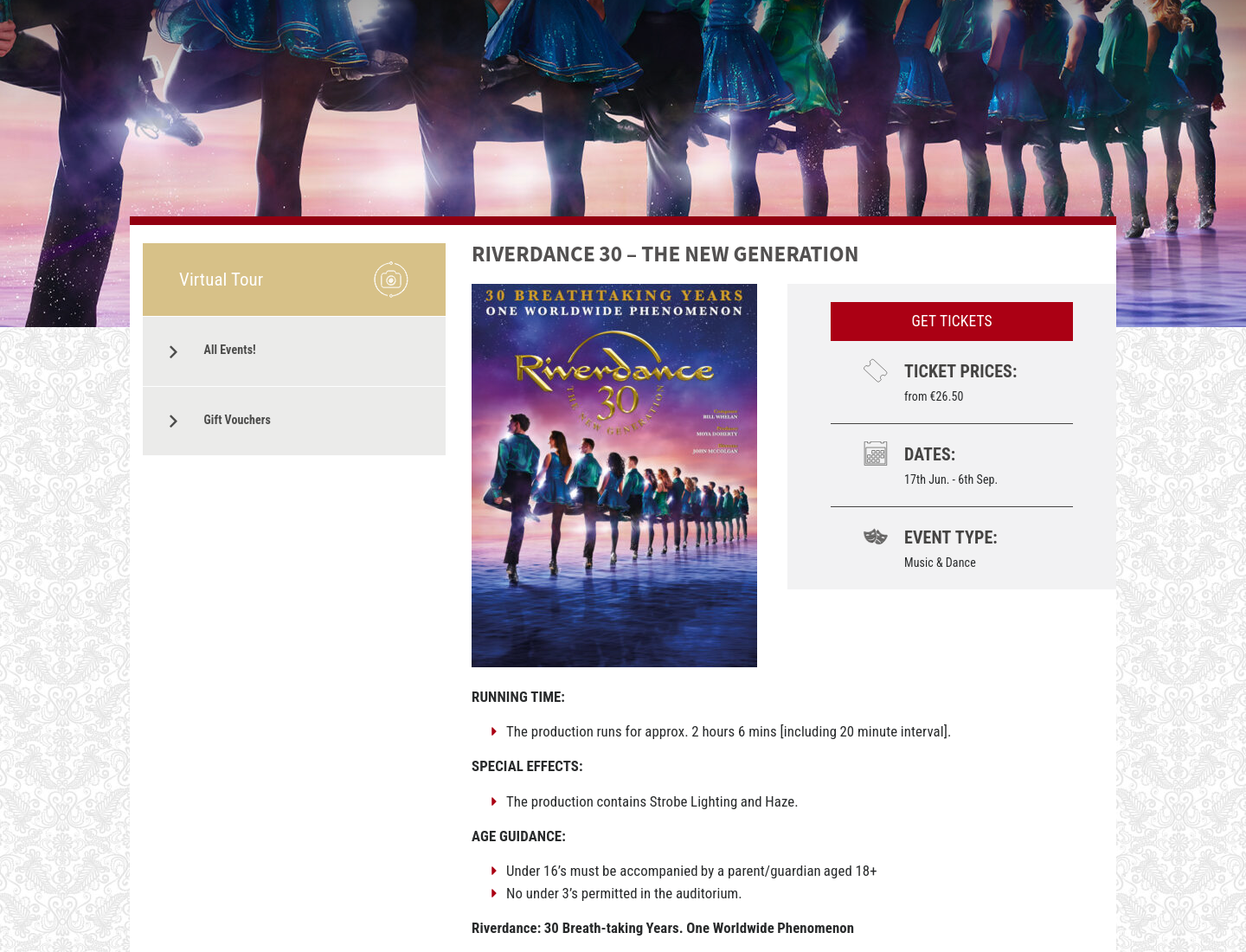 在都柏林盖特剧院看《大河之舞》30周年新一代演出第1步报名页面截图