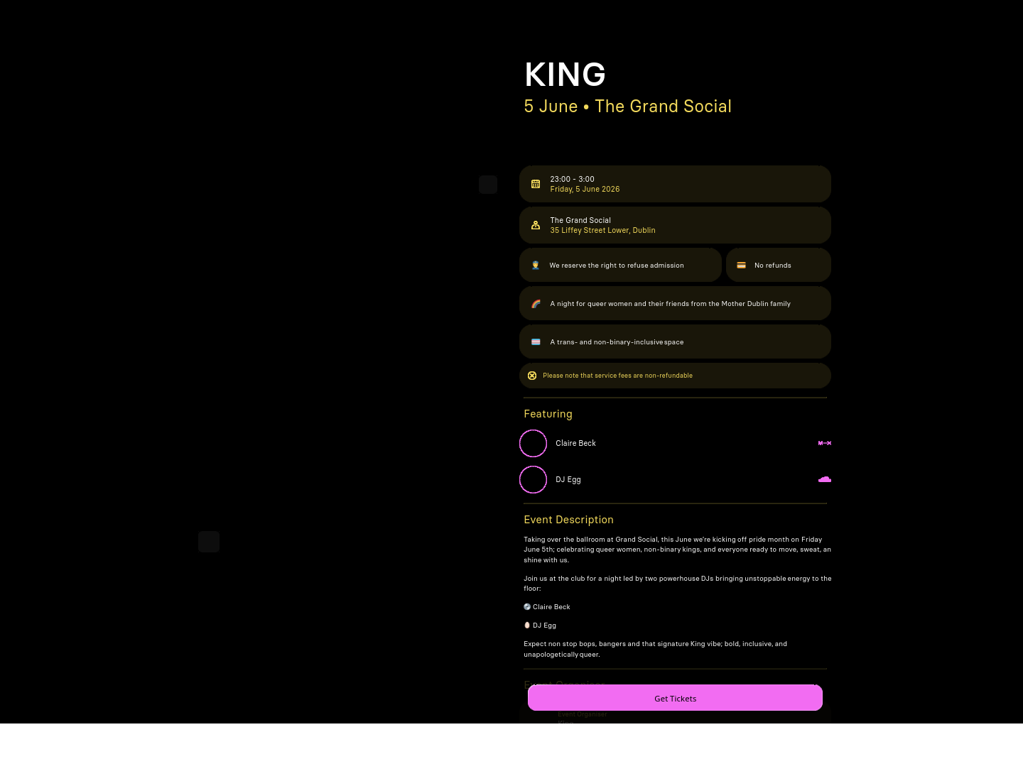 都柏林 The Grand Social 看 King Club： queer 女性与非二元性别者舞蹈之夜第2步报名页面截图