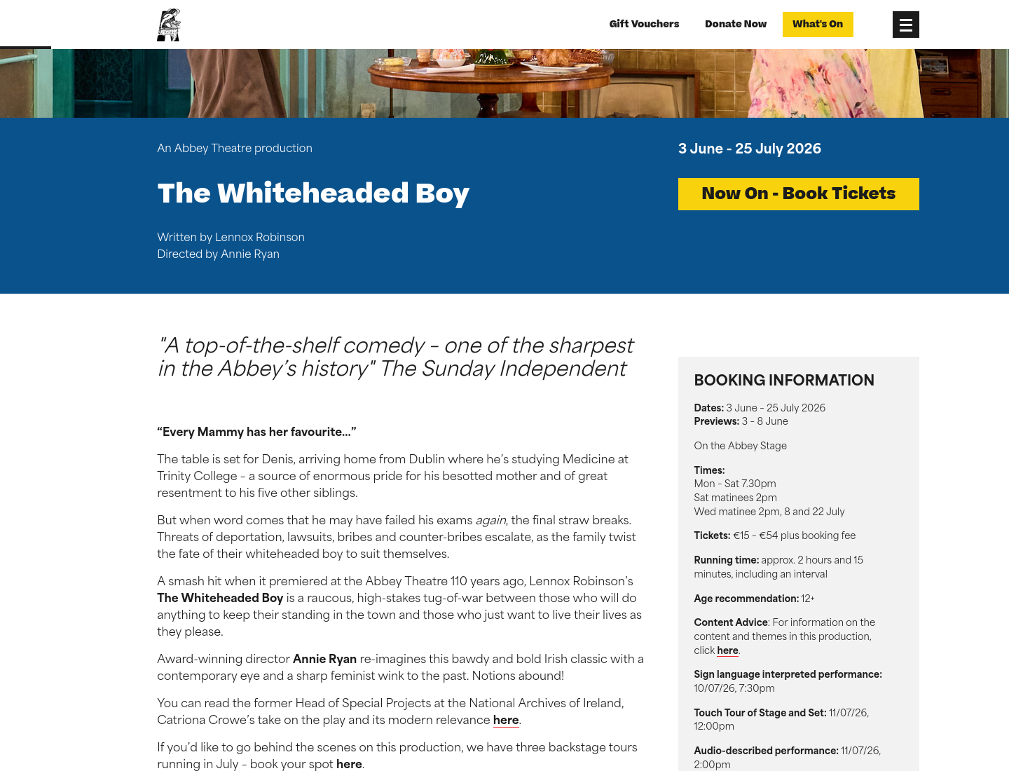 都柏林 Abbey Theatre 剧院：经典戏剧《The Whiteheaded Boy》第1步报名页面截图