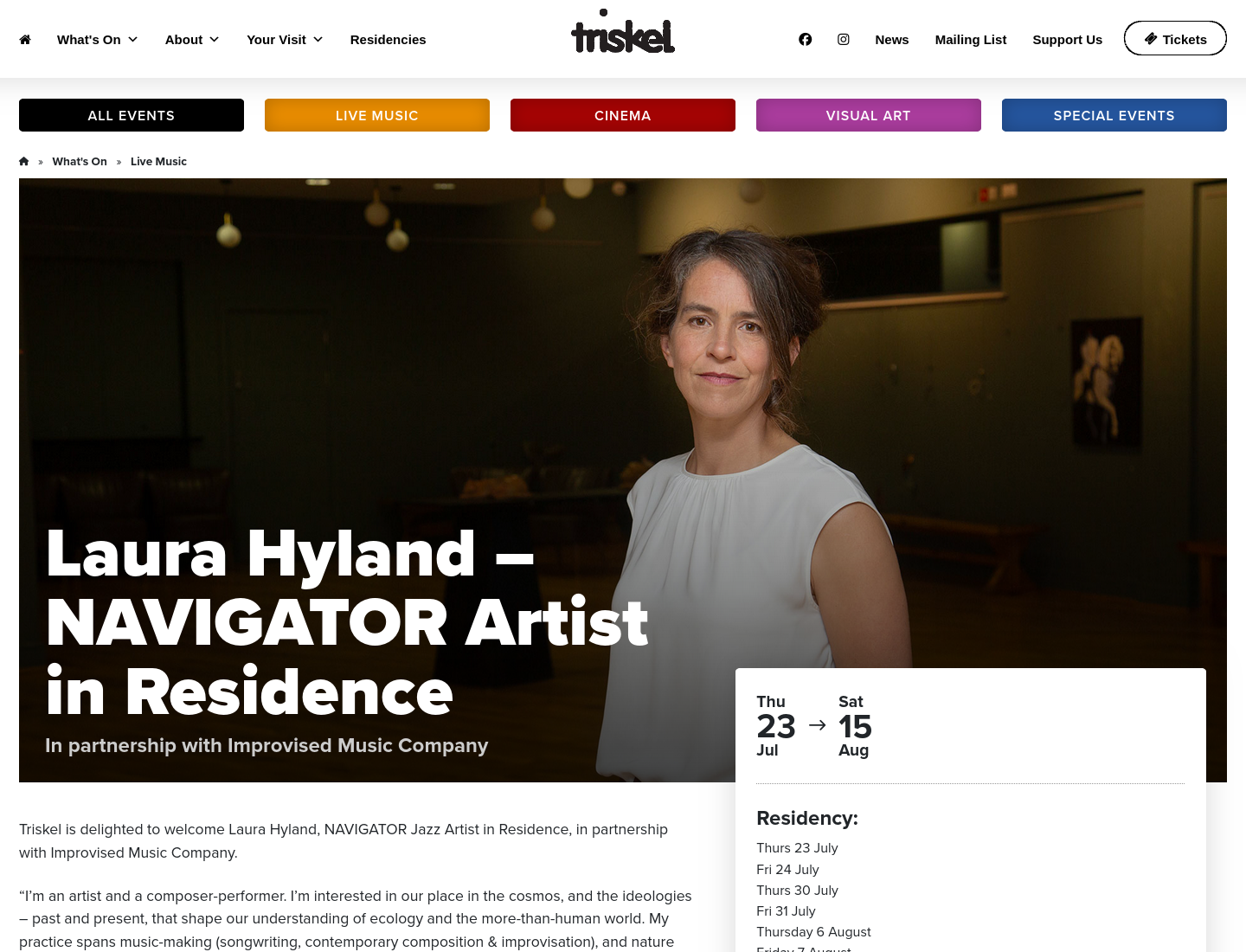 科克 Triskel Arts Centre：Laura Hyland 即兴音乐演出第1步报名页面截图