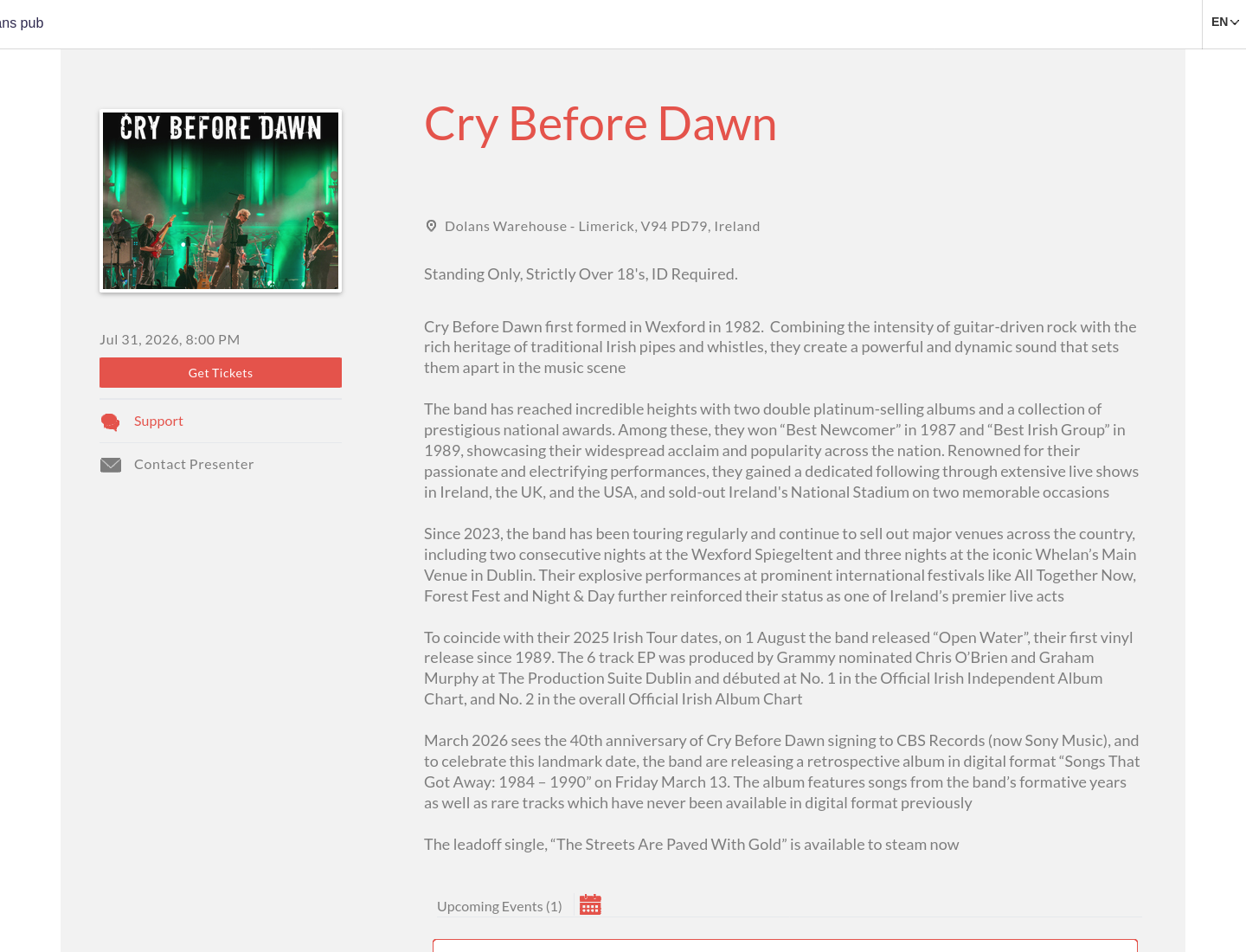利默里克现场音乐：Cry Before Dawn 乐队演出第2步报名页面截图