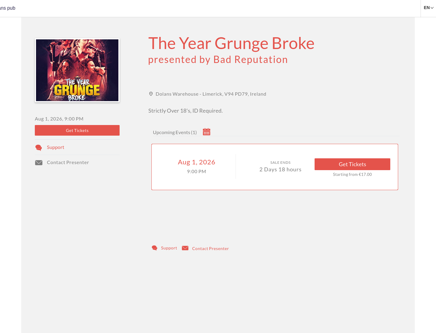 利默里克 90 年代垃圾摇滚金曲现场：The Year Grunge Broke第2步报名页面截图