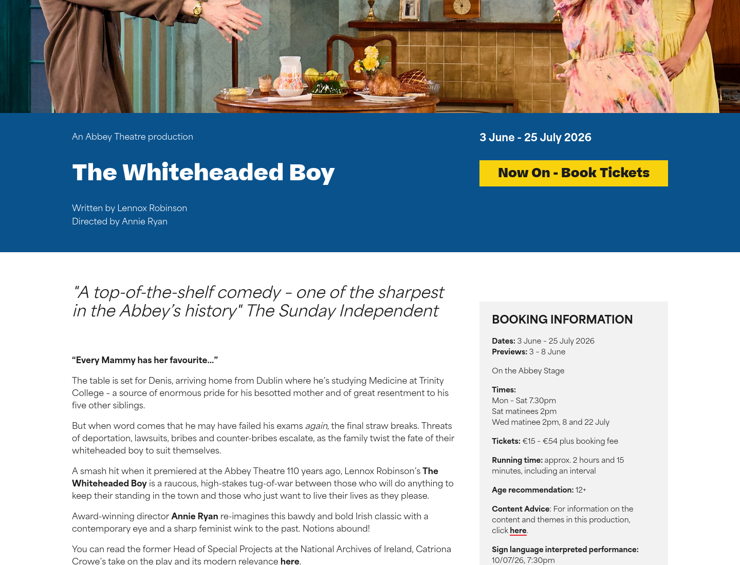 都柏林 Abbey Theatre 舞台剧《The Whiteheaded Boy》第1步报名页面截图