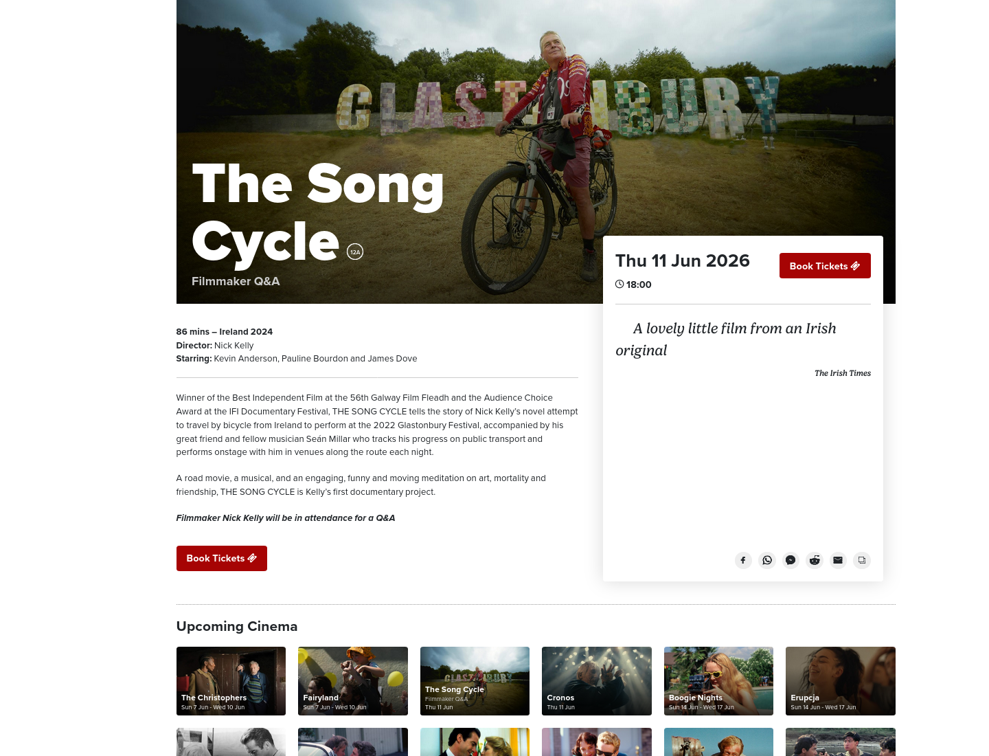 在科克Triskel Arts Centre观看纪录片《The Song Cycle》：音乐家骑行前往Glastonbury的旅程第1步报名页面截图