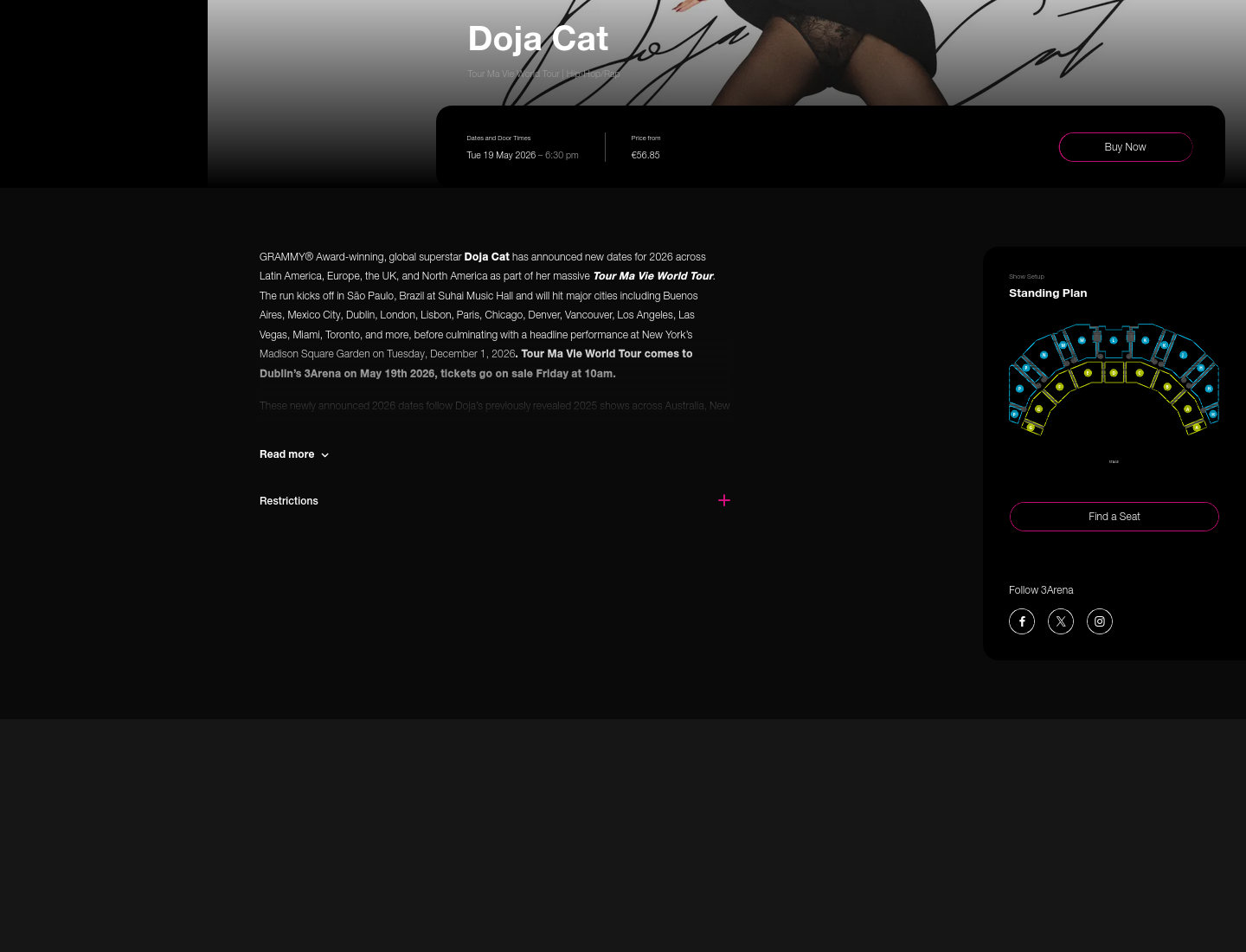 Doja Cat 都柏林 3Arena 演唱会第1步报名页面截图