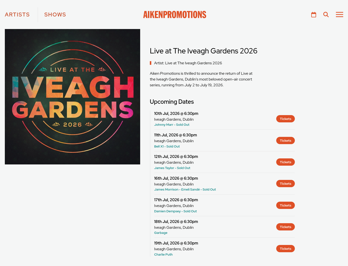 都柏林 Iveagh Gardens 2026 夏季现场音乐会第1步报名页面截图