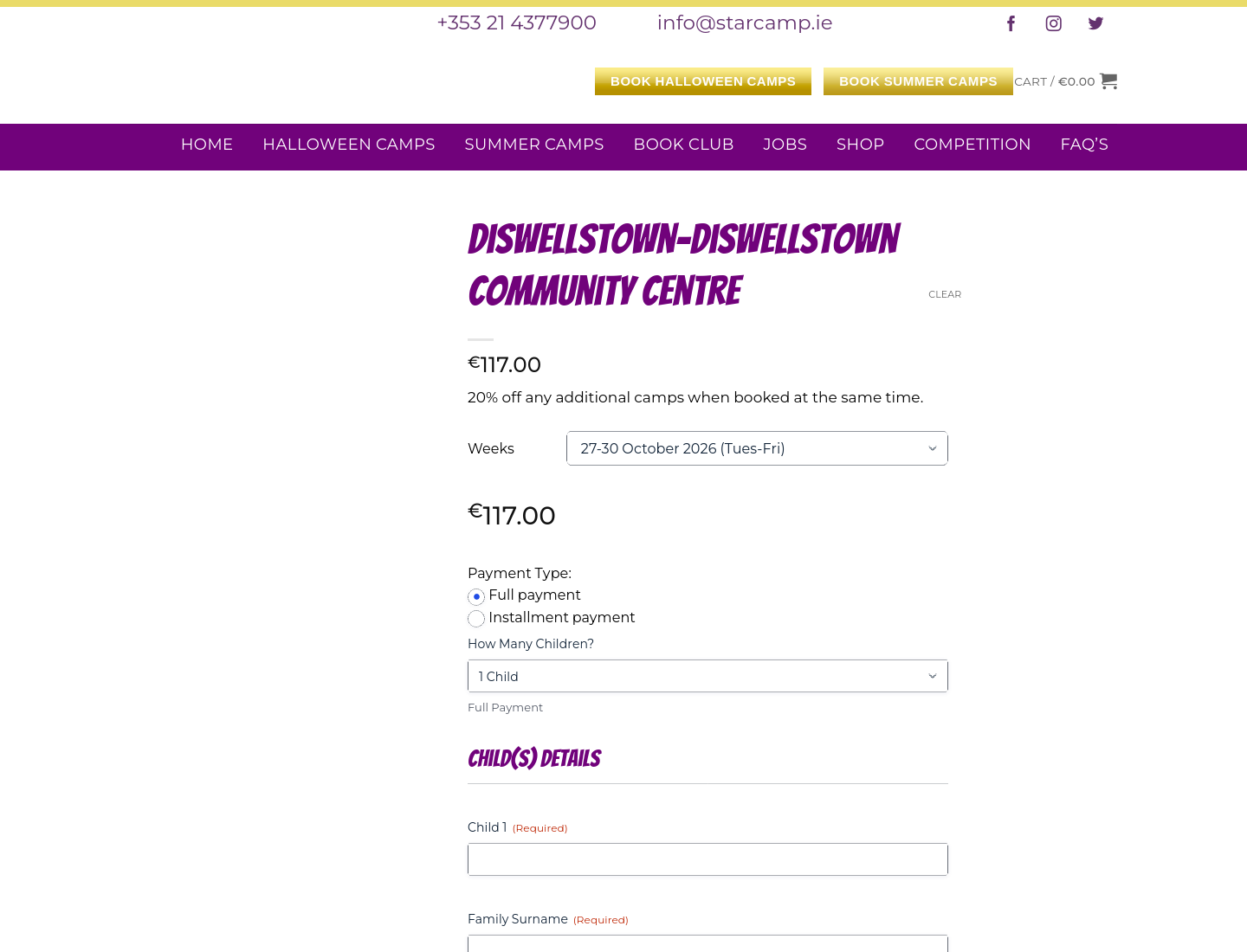 STARCAMP Diswellstown 万圣节营第1步报名页面截图