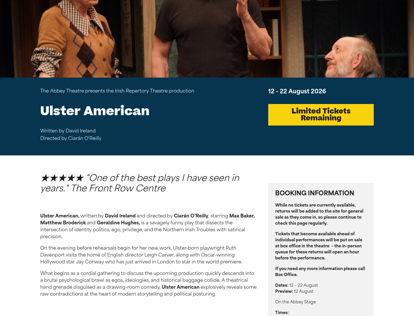 都柏林 Abbey Theatre 戏剧《Ulster American》第1步报名页面截图