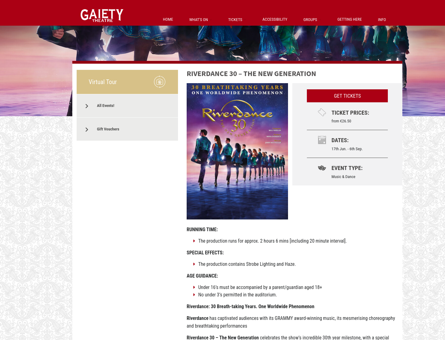 在都柏林 Gaiety Theatre 观看 Riverdance 30 周年纪念演出第1步报名页面截图
